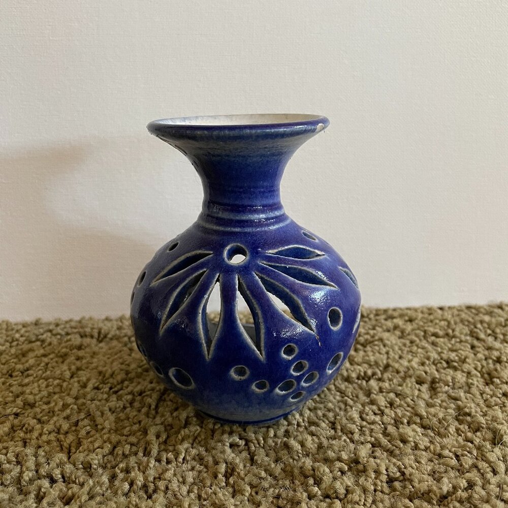 Cobalt Blue Carved Pottery Vase Tealight Incense Holder Decorative Decor Art